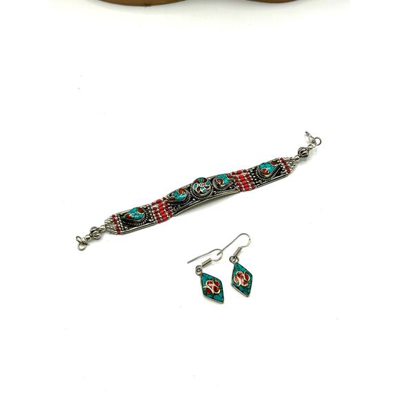 Turquoise & Coral Bracelet & Earring Set – Tibetan Silver – Boho Jewelry - Picture 1 of 6